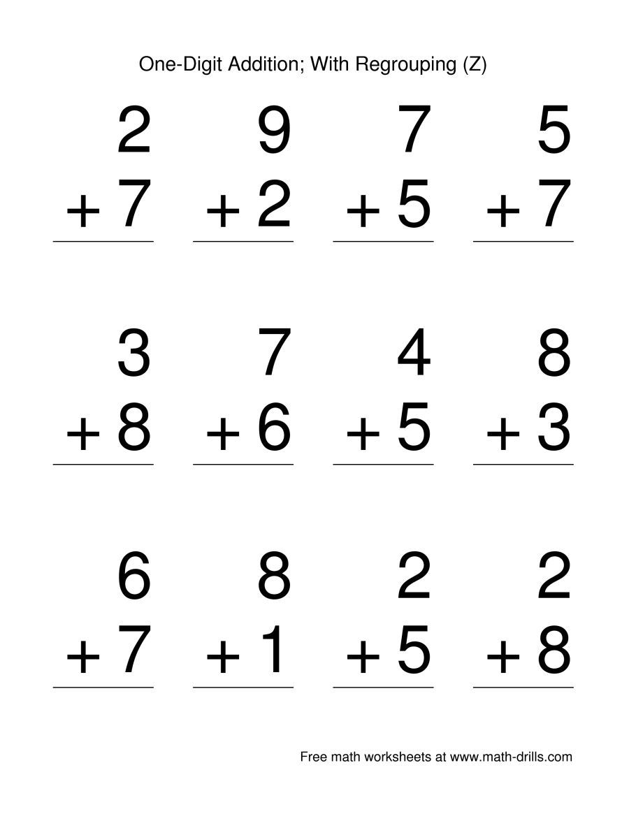 12 Single Digit Addition Questions With Some Regrouping A 