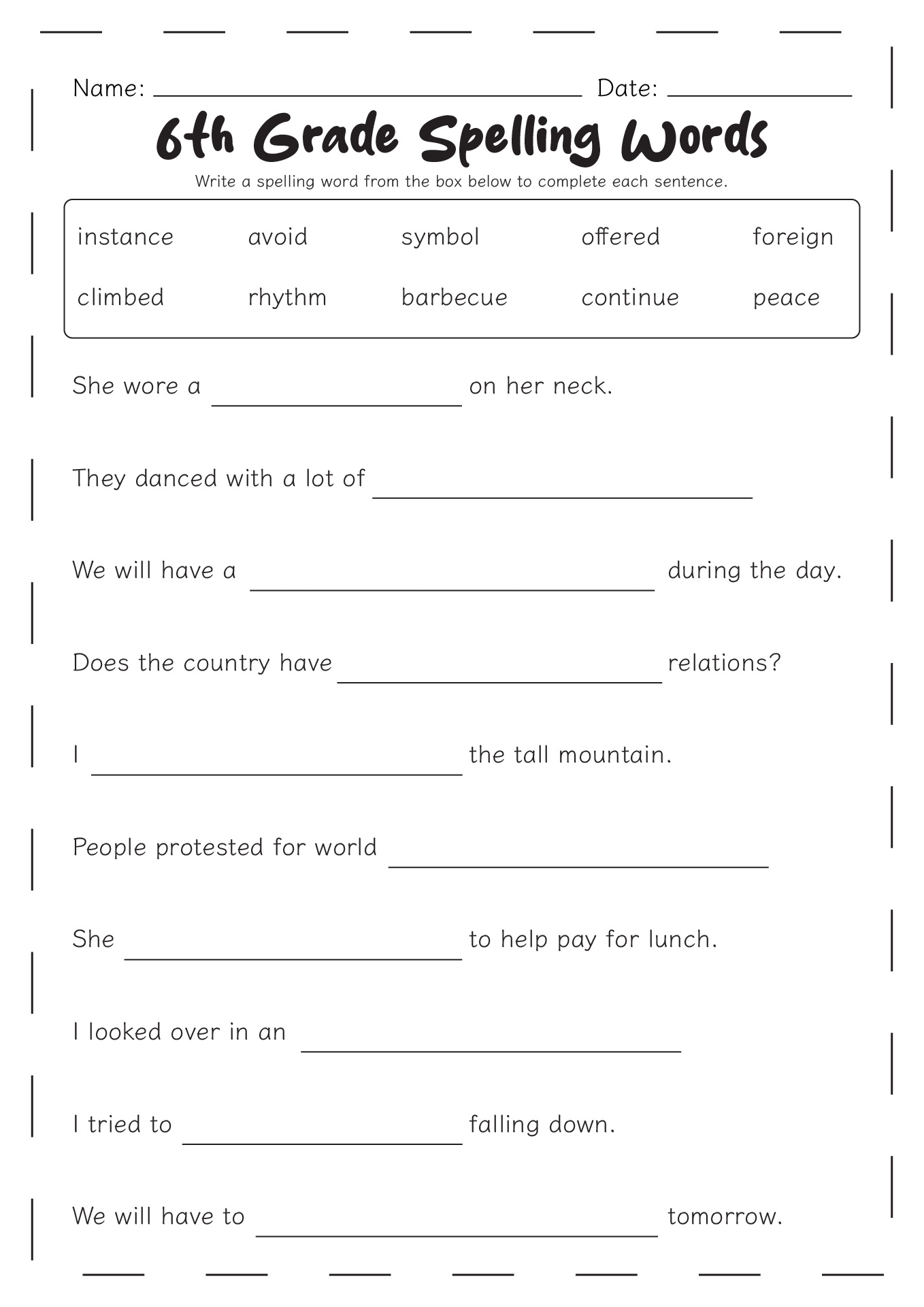 spelling list worksheet