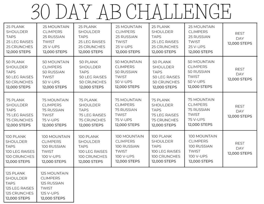 30 Day Ab Challenge Hard Printable Rest Day Ab Workout Fitness 30 Day Guns Buns And Ab