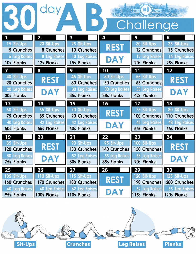 30 Day Crunches Workout 30 Day Ab Challenge For Beginners Printable Core And Abs Exercises