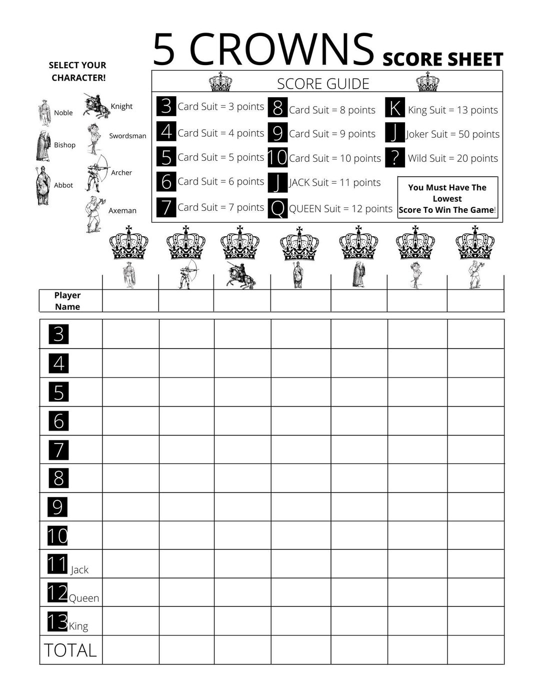 5 Crowns Score Card With Added Character Select Printable PDF File Etsy 5 Crowns Score Card With Added Character Select Printable PDF File Etsy