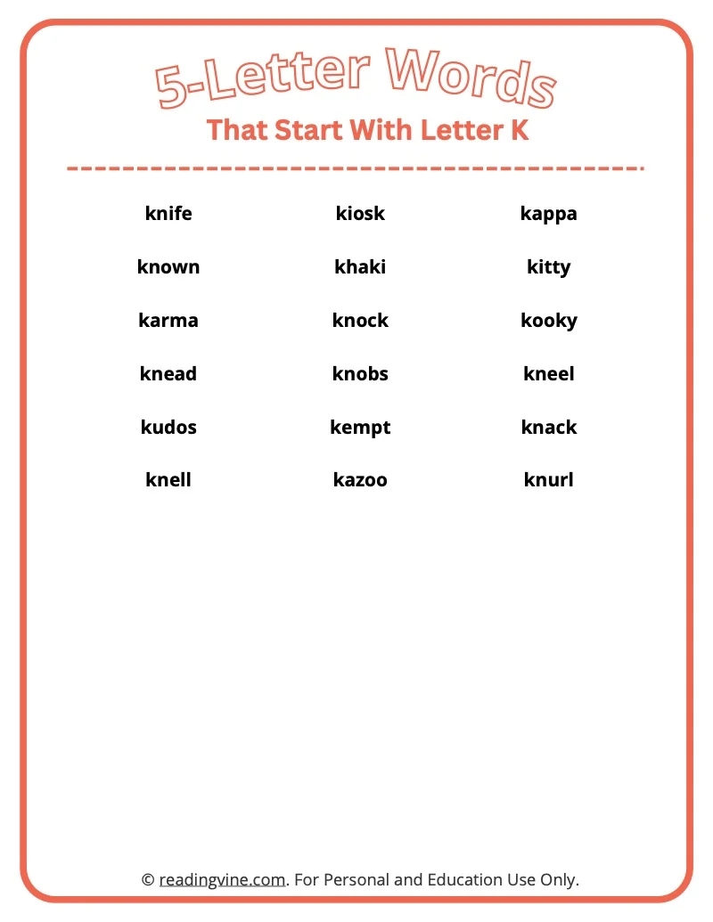 preschool letter k words