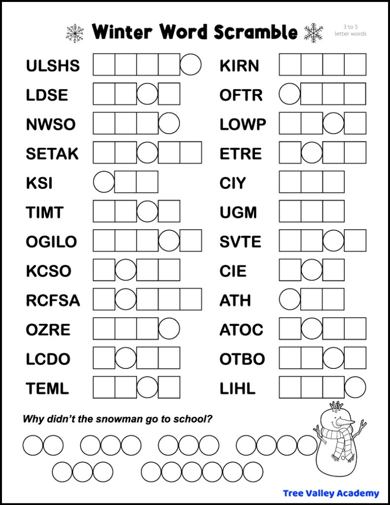5 Printable Winter Word Scrambles Tree Valley Academy