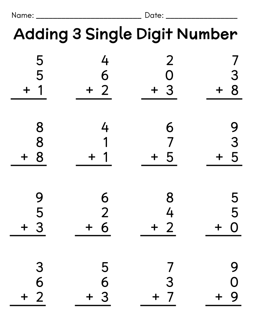 80 Adding 3 Single Digit Number Sums Addition Sums With Numbers 0 9 Preschool 2nd Grade Math Home Made By Teachers