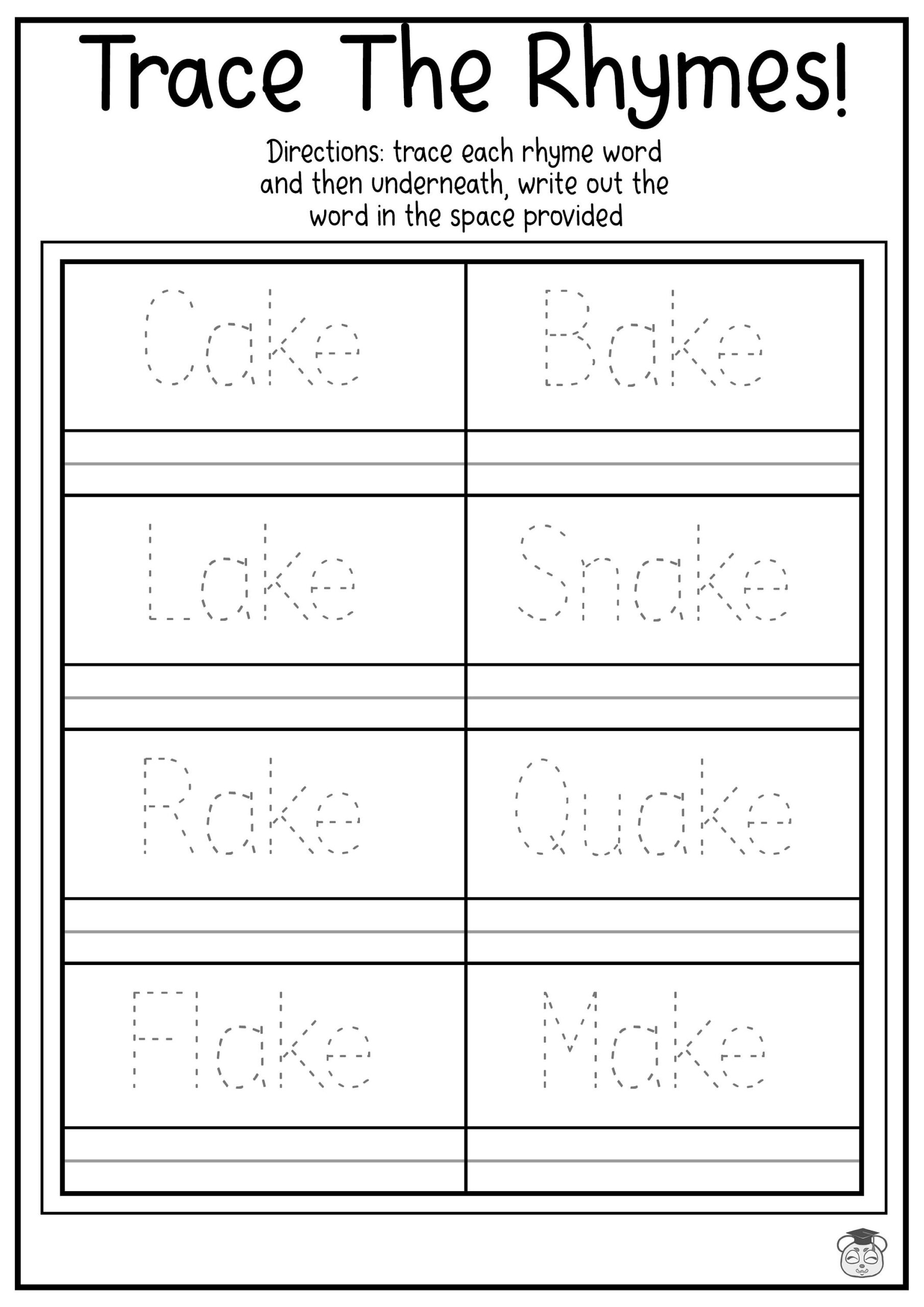 9 Printable Rhyme Word Tracing Writing Practice Worksheets Practice Tracing And Writing Using Rhymes ages 4 7 KG1 To Grade 2 Etsy