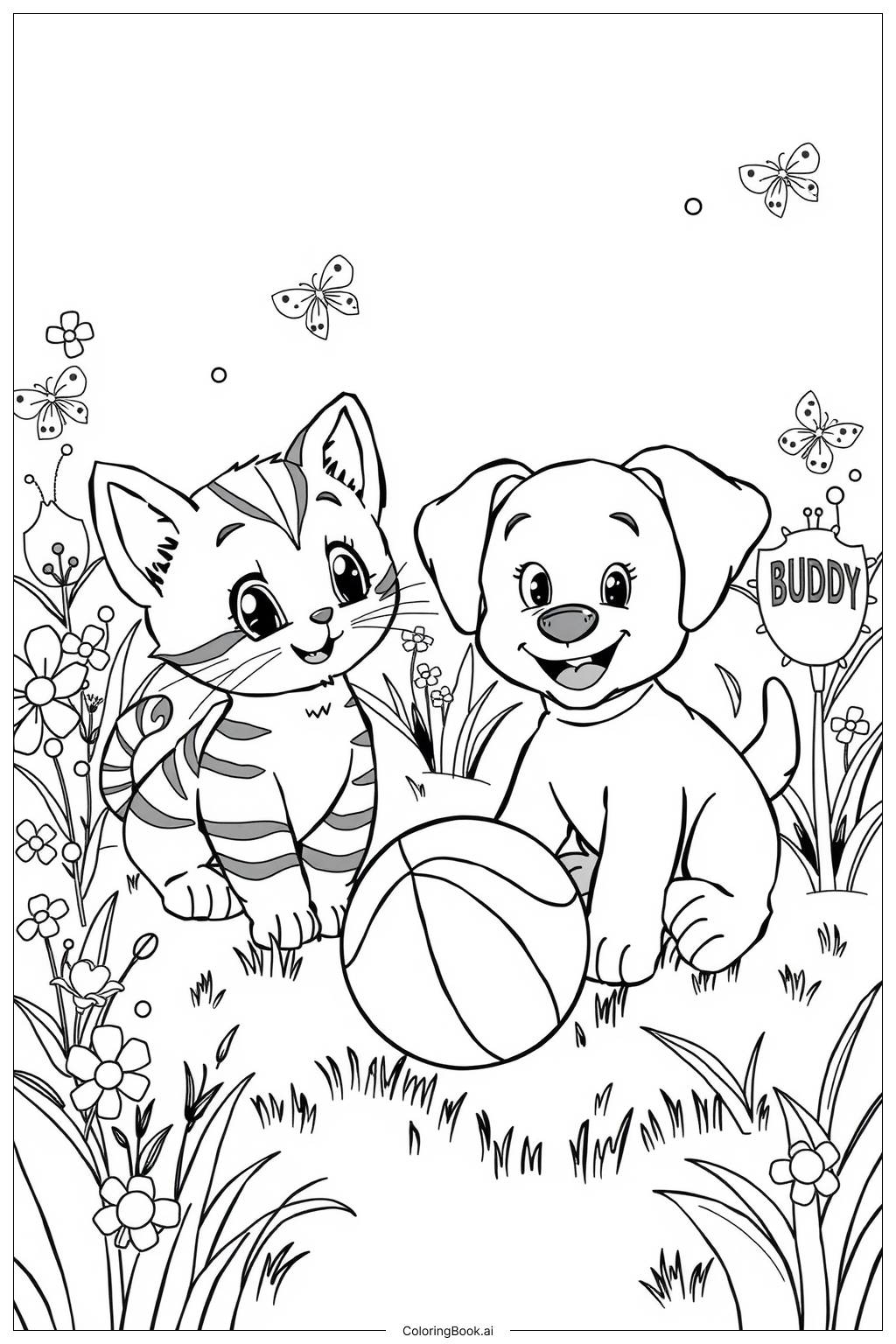 A Storybook Scene With Kittens And Puppies Coloring Page Free PDF PNG Printable 