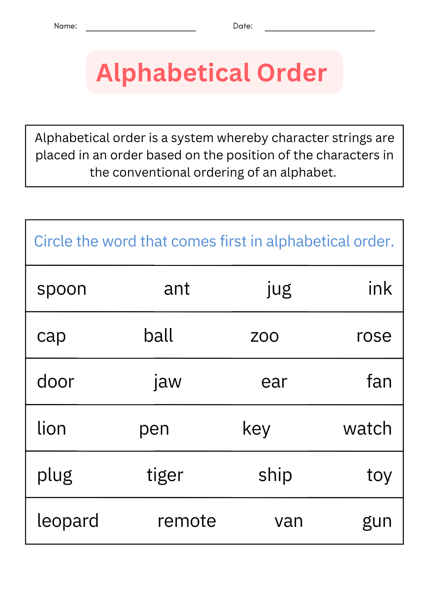 ordering the alphabet worksheets