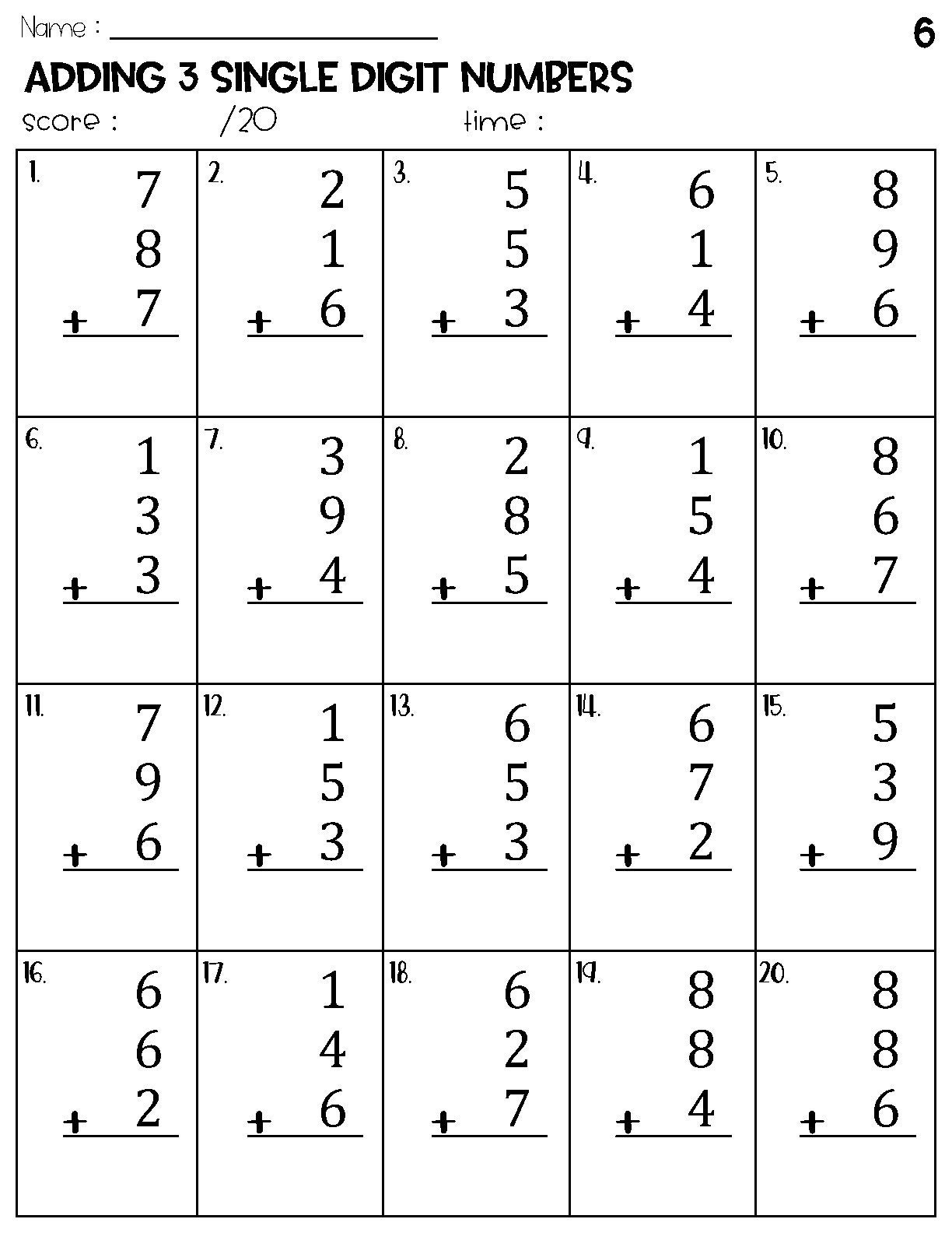 Adding 3 Single Digit Numbers Worksheets Math Timed Test Addition Etsy