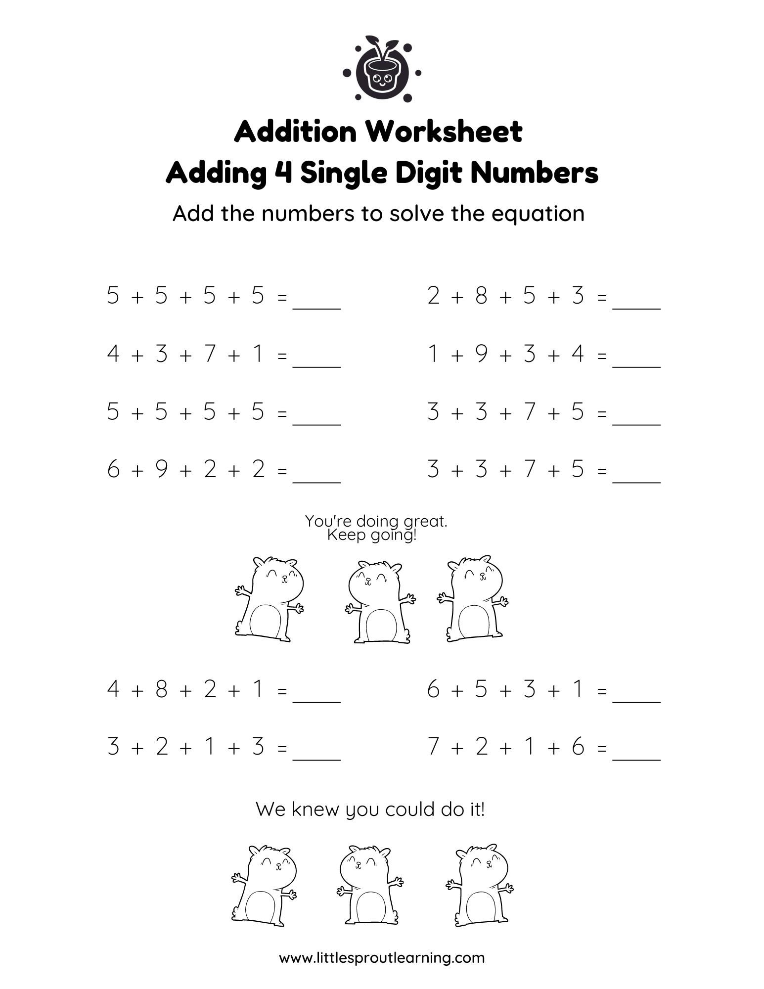 Adding 4 Single Digit Numbers Little Sprout Art
