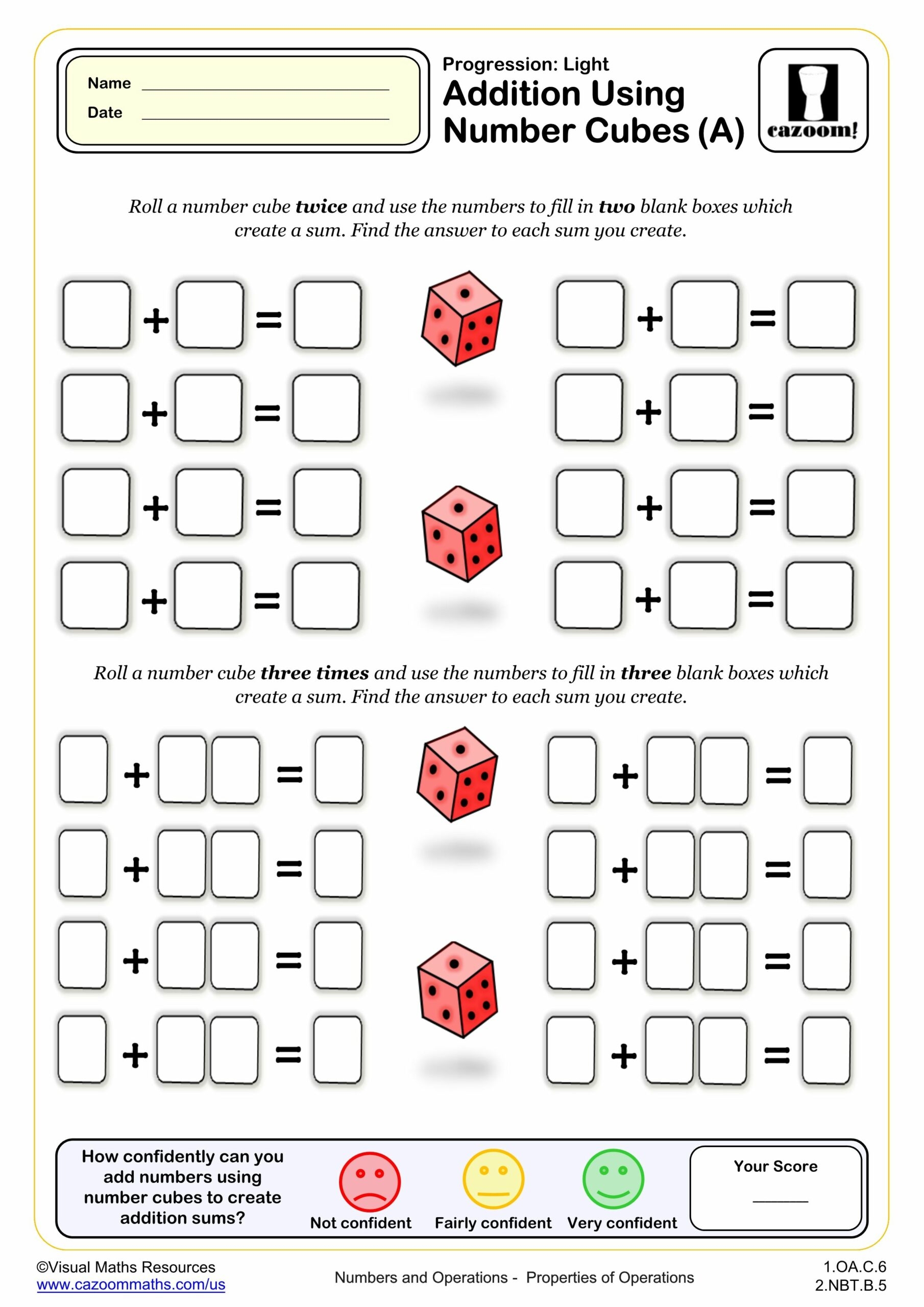 Addition Using Number Cubes A 1st Grade PDF Addition Worksheets Cazoom Math