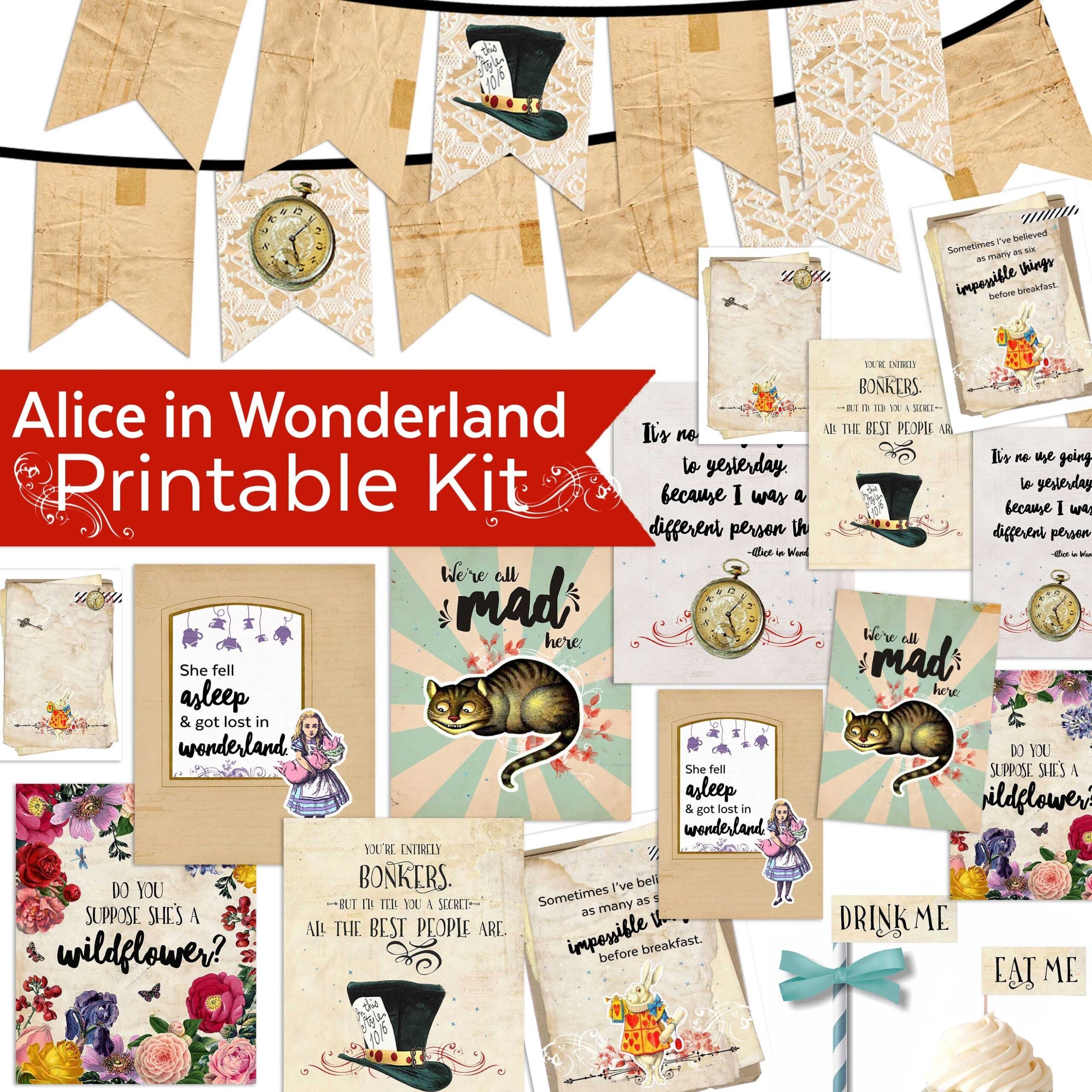 Alice In Wonderland Party Printable Kit Quotes Banners Invitations JPG Etsy