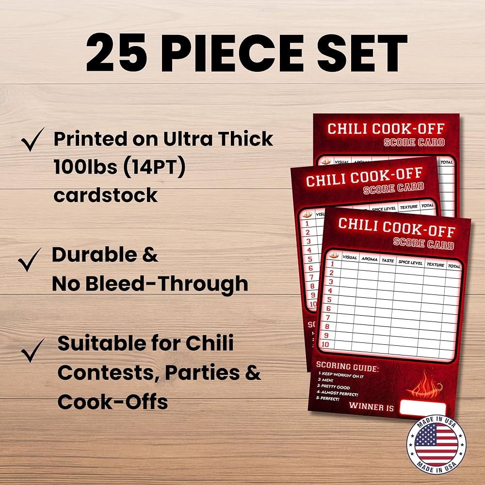 Amazon Chili Cook Off Scorecards 25 Pack 5x7 Judging Sheets For Chili Tasting Contest Voting Ballots For Cook Off Fiesta Party Fall Festival Tailgate Heavy Cardstock Made In USA Handmade Products Amazon Chili Cook Off Scorecards 25 Pack 5x7 Judging Sheets For Chili Tasting Contest Voting Ballots For Cook Off Fiesta Party Fall Festival Tailgate Heavy Cardstock Made In USA Handmade Products