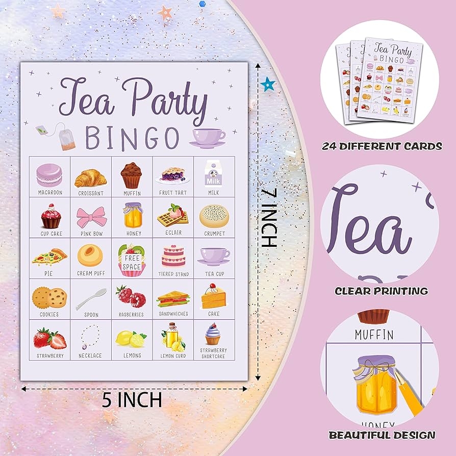 Amazon Foosproea Tea Party Bingo Cards Let s Par Tea Game For 24 Players Garden Tea Party Games For Family Friends Activities Holiday Party Favors Supplies Decorations 05 Toys Games