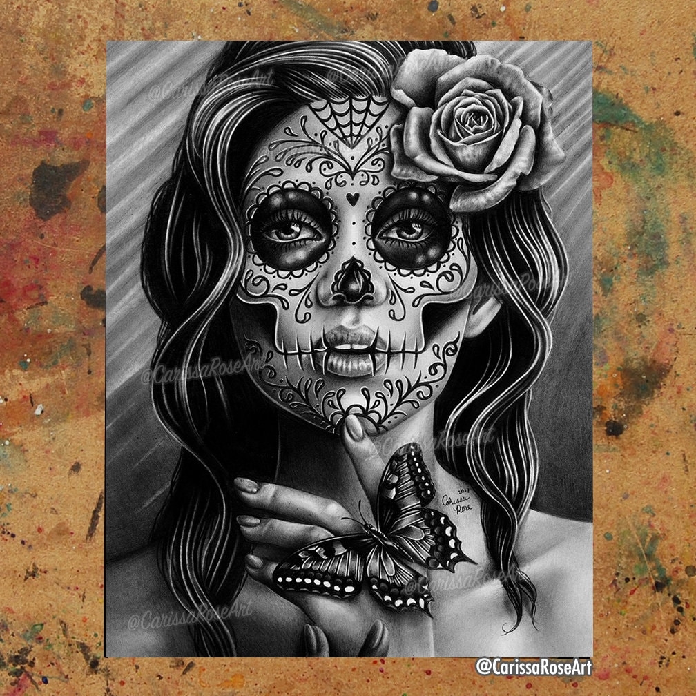 Art Print Serenity Poster Tapestry Metal Print Black And White Day Of The Dead Sugar Skull Girl With Butterfly Drawing Etsy