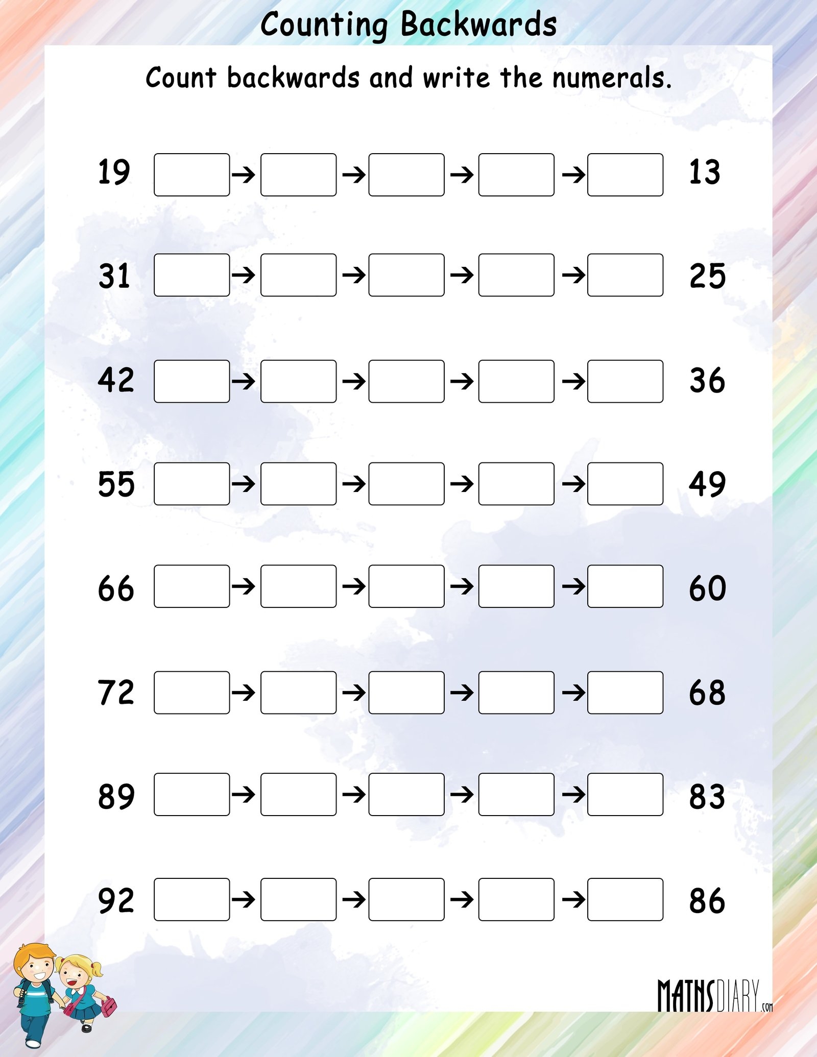 Backward Counting Math Worksheets MathsDiary