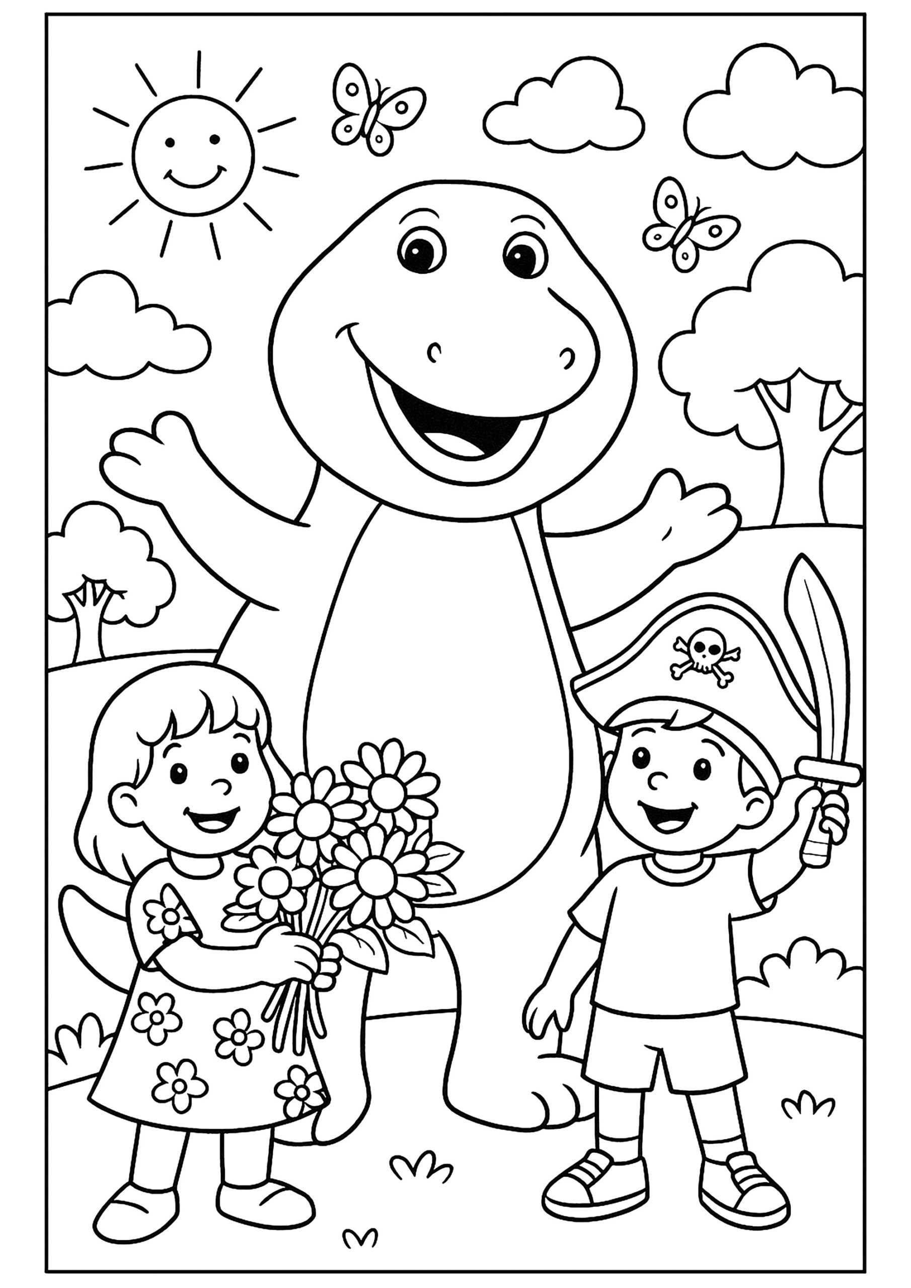 Barney And Two Children Barney Coloring Pages