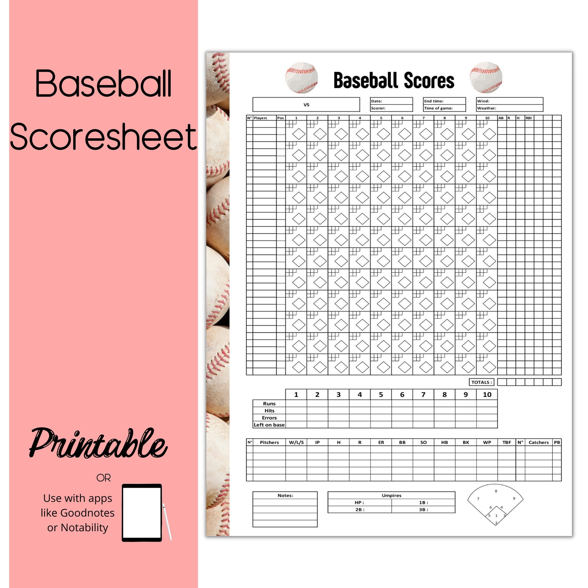 Baseball Scoresheet Softball Scoresheet Printable Scoresheet Etsy