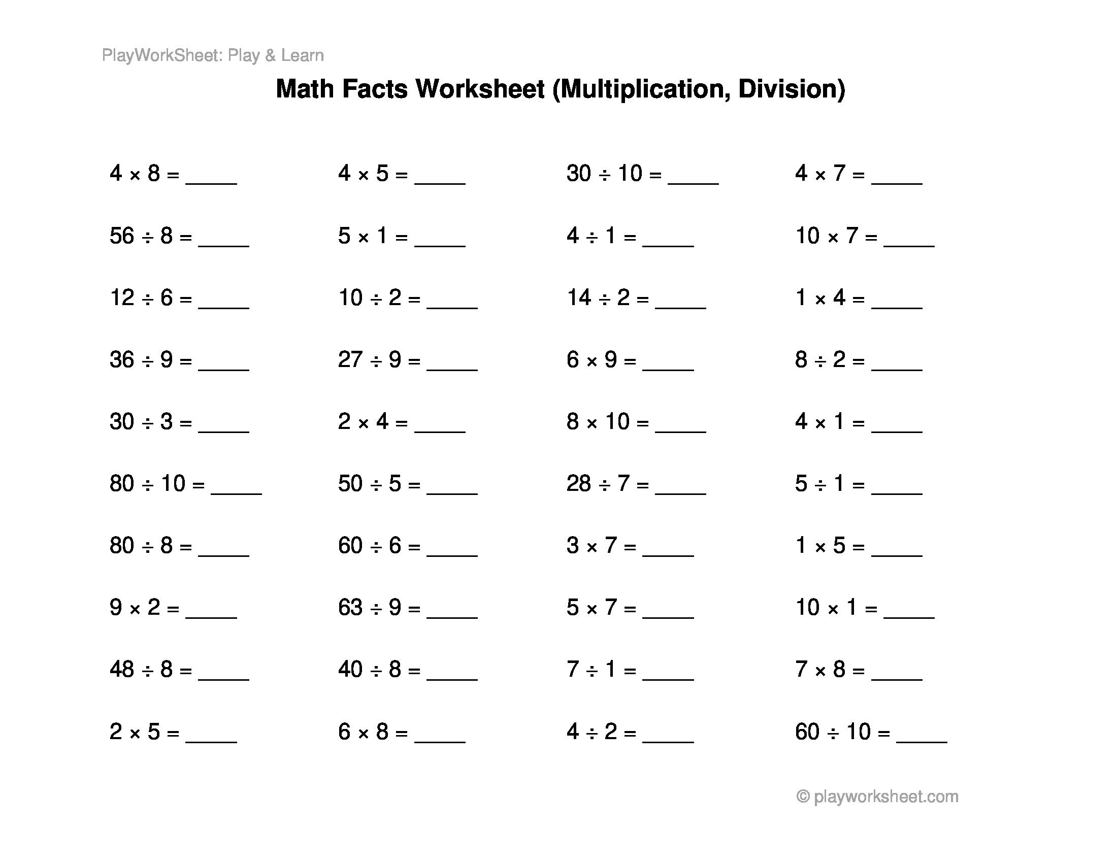 Basic Math Facts Worksheet Multiplication And Division Free Printables For Kids