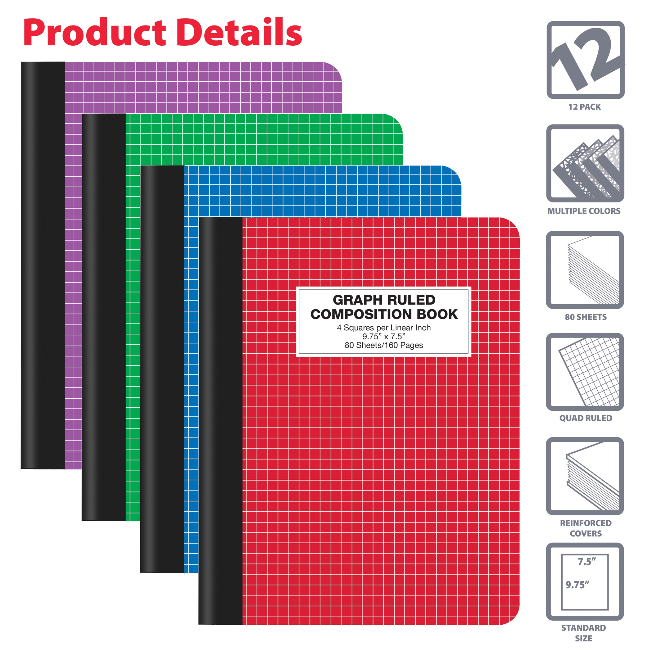 Better Office Quad Ruled Composition Book 4x4 Grid 80 Sheets Assorted 12 Pack Walmart