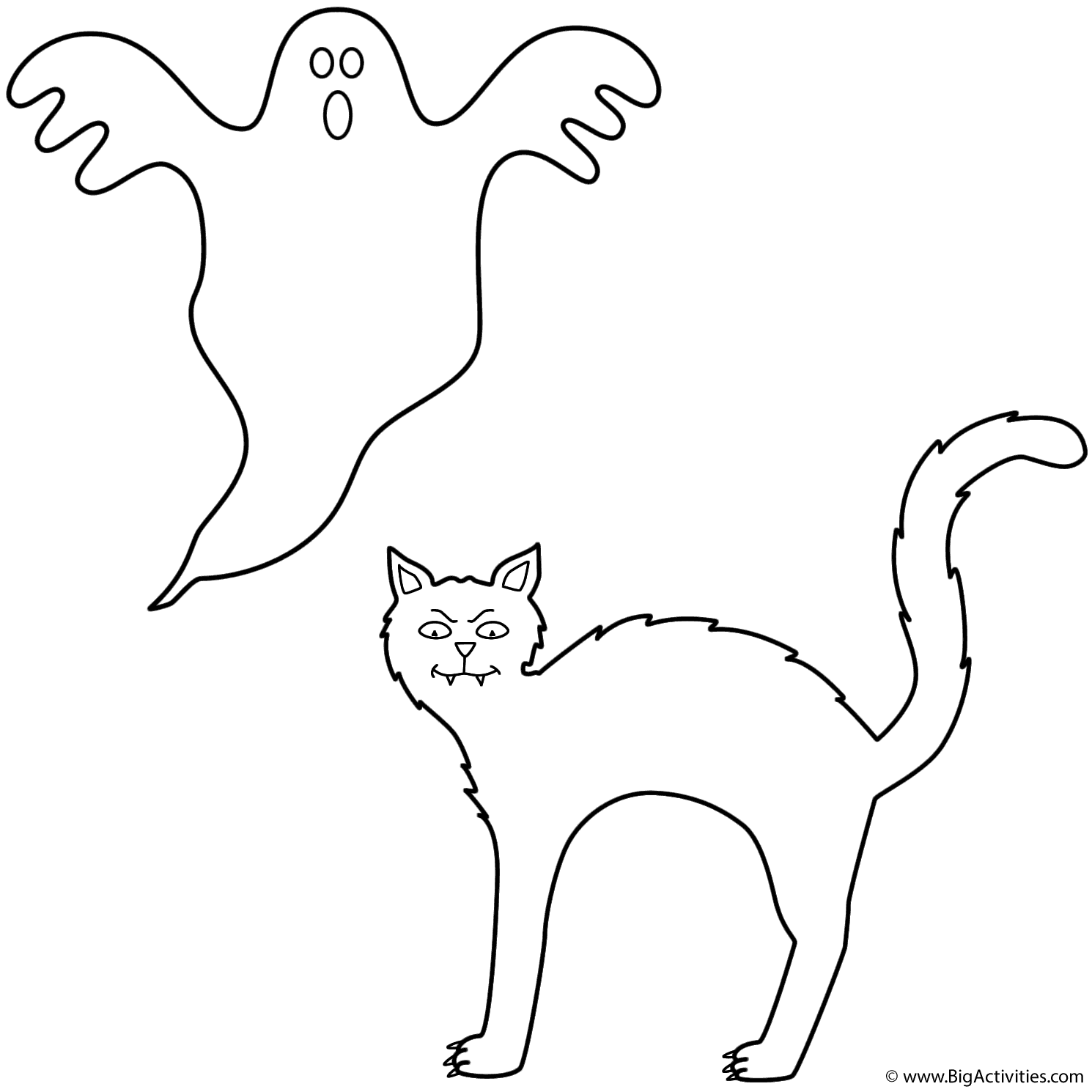 Black Cat With Ghost Coloring Page Halloween 