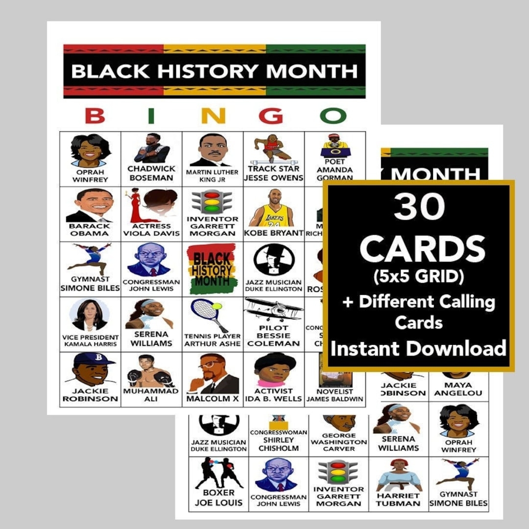 Black History Month Bingo Black History Games Black History Trivia School Activity Group Activity Instant Download 30 Different Cards Etsy