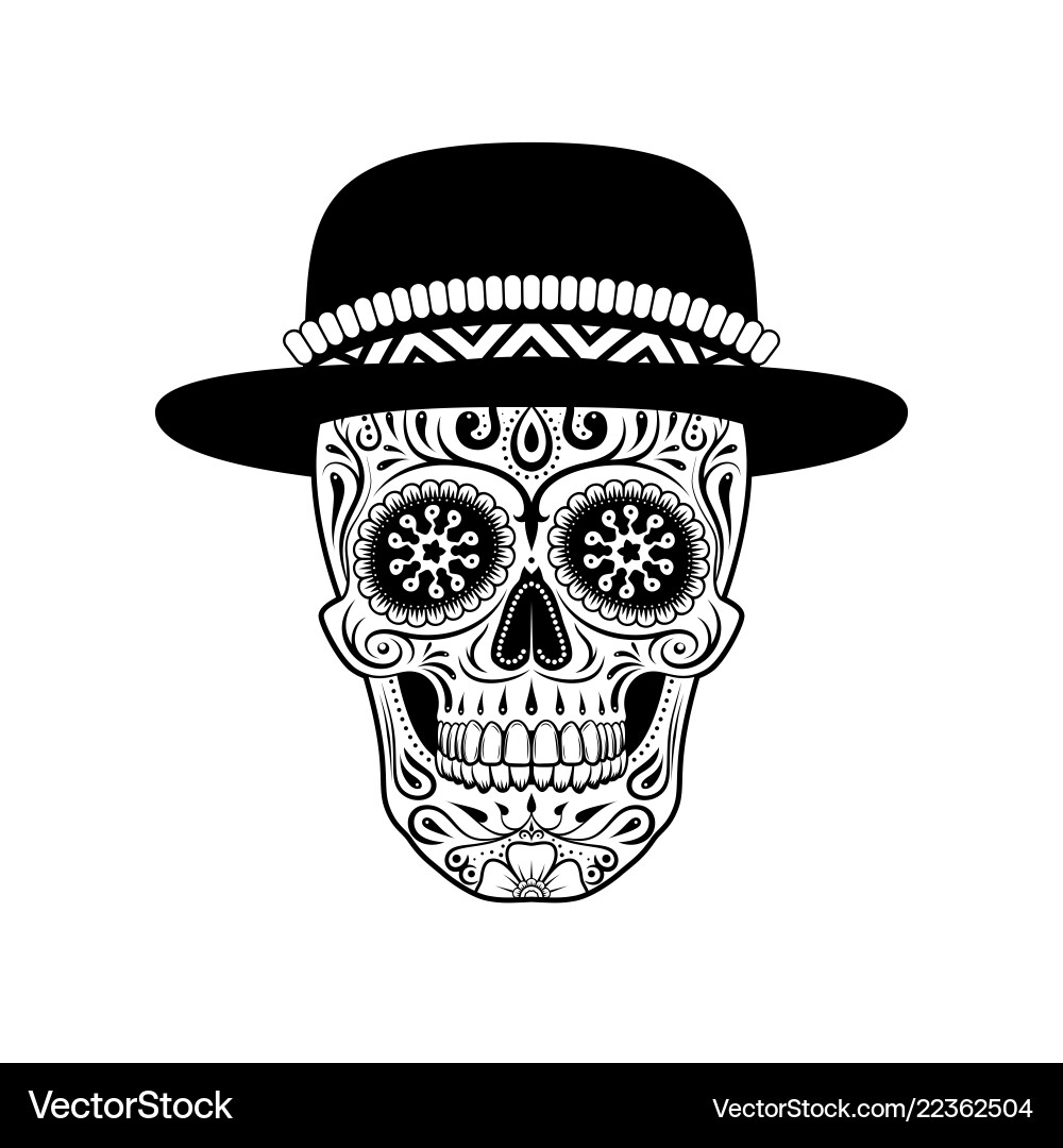 Black White Sugar Skull With Hat Royalty Free Vector VectorStock