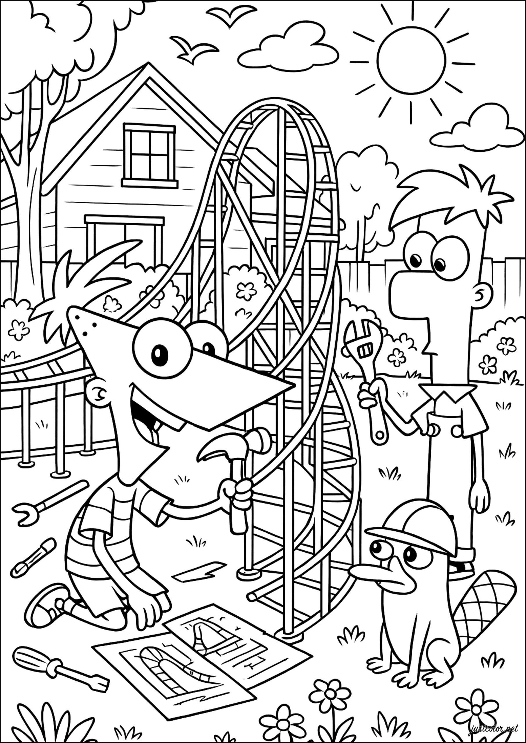 Building A Fun Roller Coaster Phineas And Ferb Coloring Pages