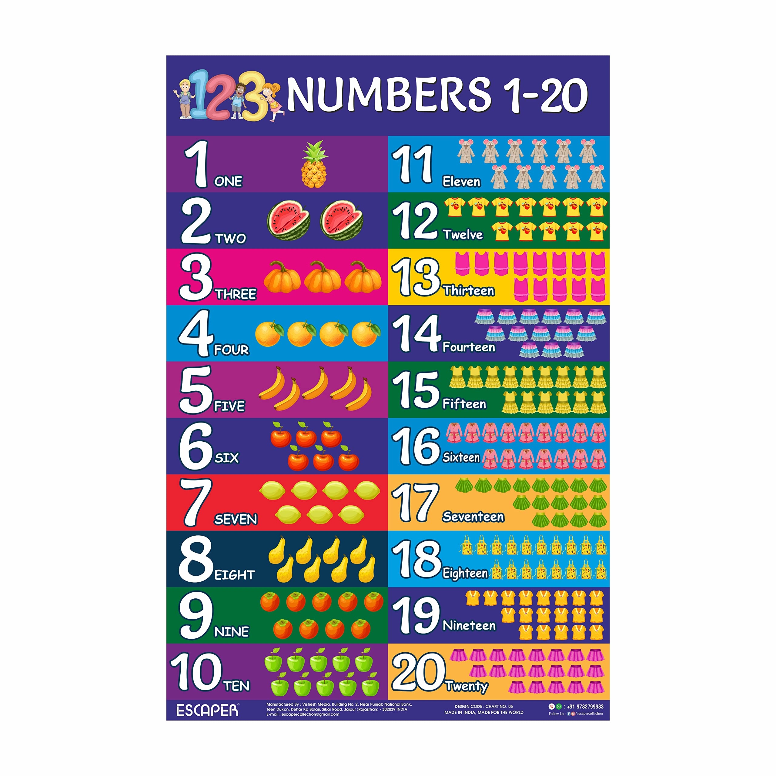 Buy ESCAPER Number Chart 1 20 For Kids Wall 11 5 X 17 5 Inches Number Charts For Toddlers Number Names Charts For Kids Number Charts For Kids Learning Book Online At