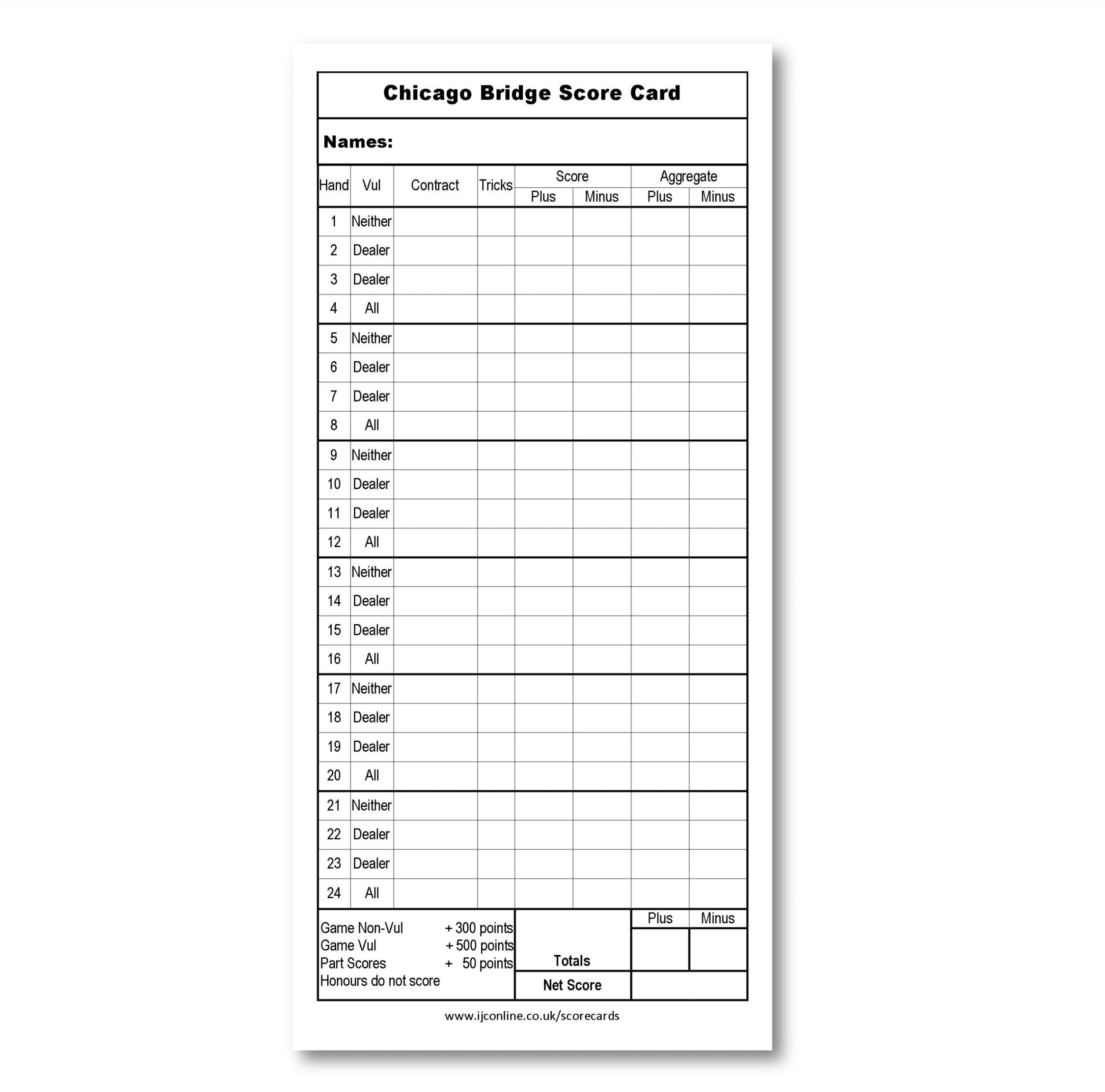 Chicago Bridge Score Cards Pack Of 50 Double Sided Chicago Bridge Score Cards Pack Of 50 Double Sided