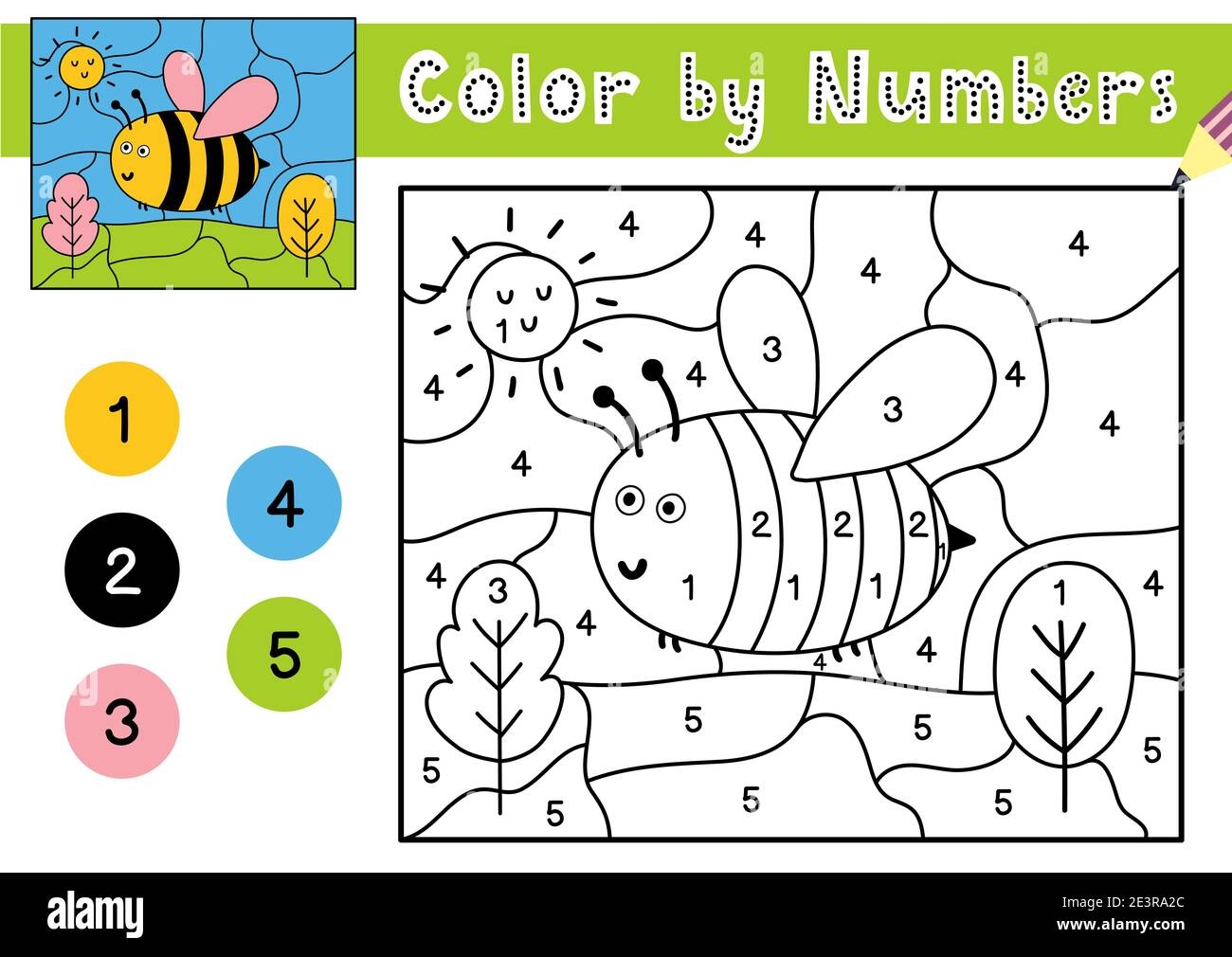 Color By Number Game For Kids Coloring Page With A Cute Bee Printable Worksheet Stock Vector Image Art Alamy