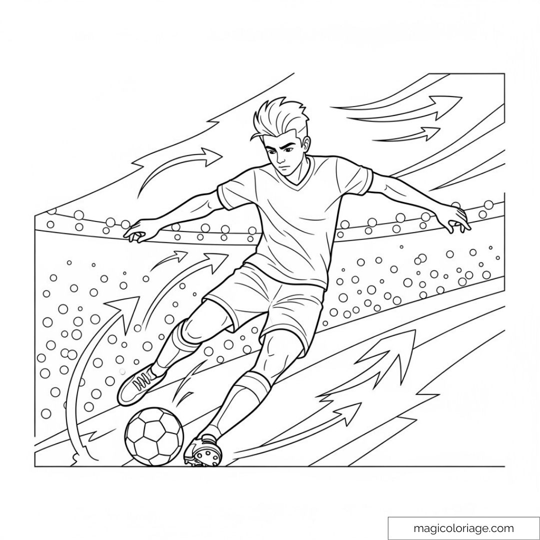 Coloring Page Of A Soccer Player In Action With A Ball And A Stand