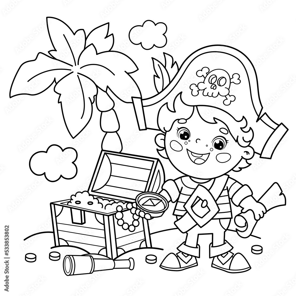 Coloring Page Outline Of Cartoon Pirate With Chest Of Treasure Island Of Treasure Coloring Book For Kids Stock Vector Adobe Stock