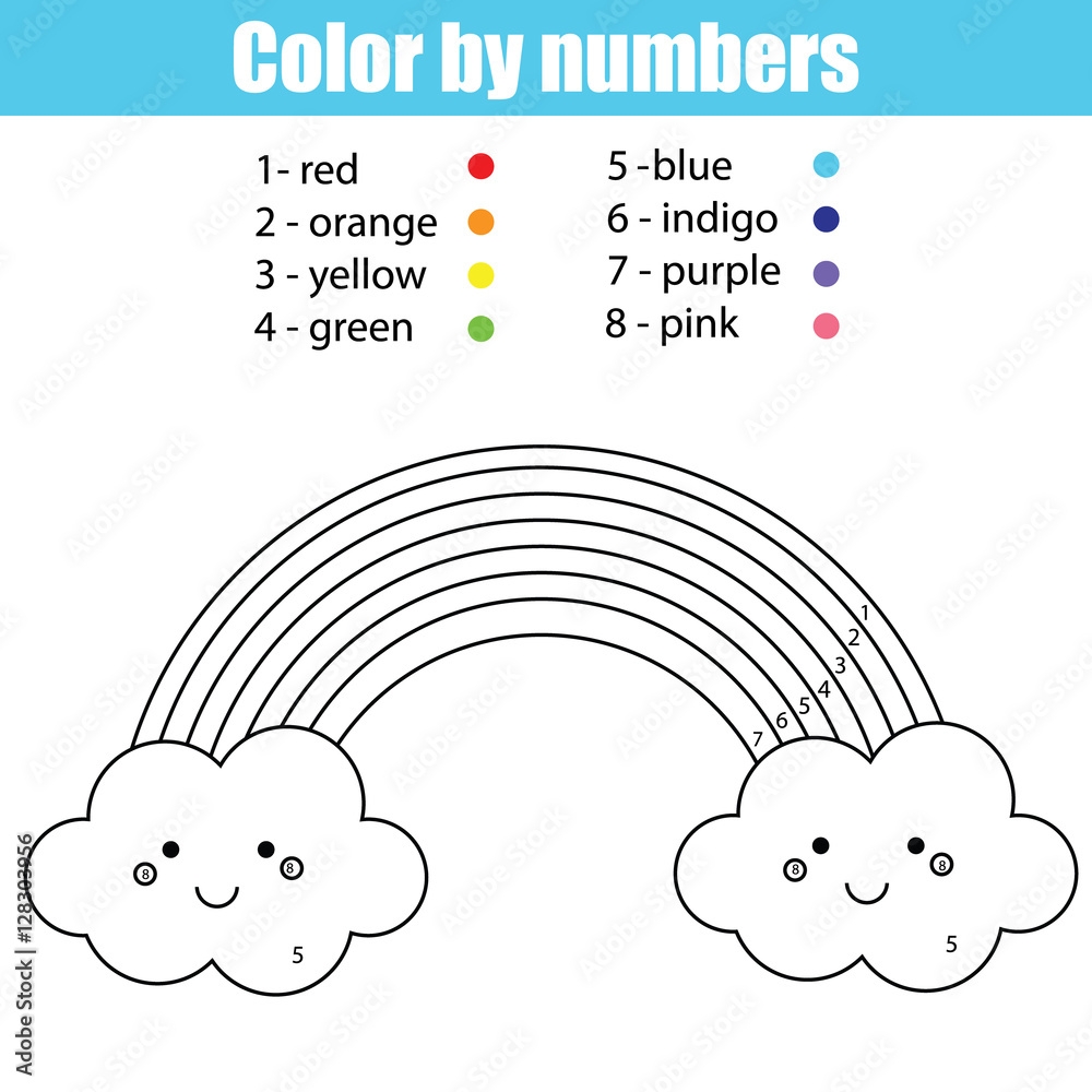 Coloring Page With Cute Kawaii Rainbow Color By Numbers Stock Vector Adobe Stock