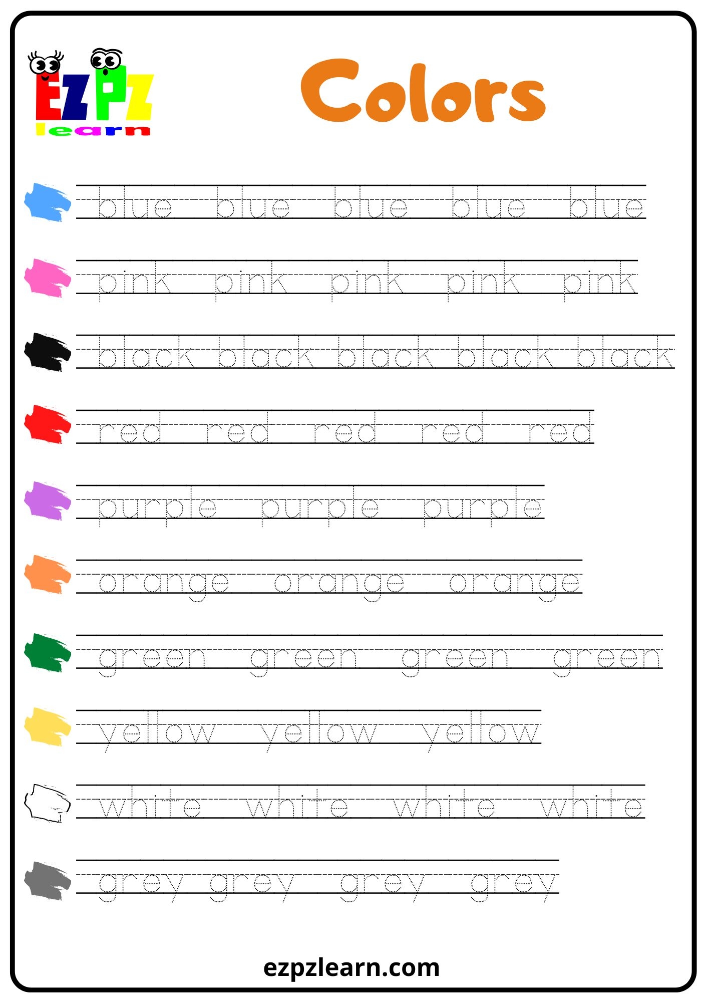 Colors Word Tracing Worksheet Ezpzlearn