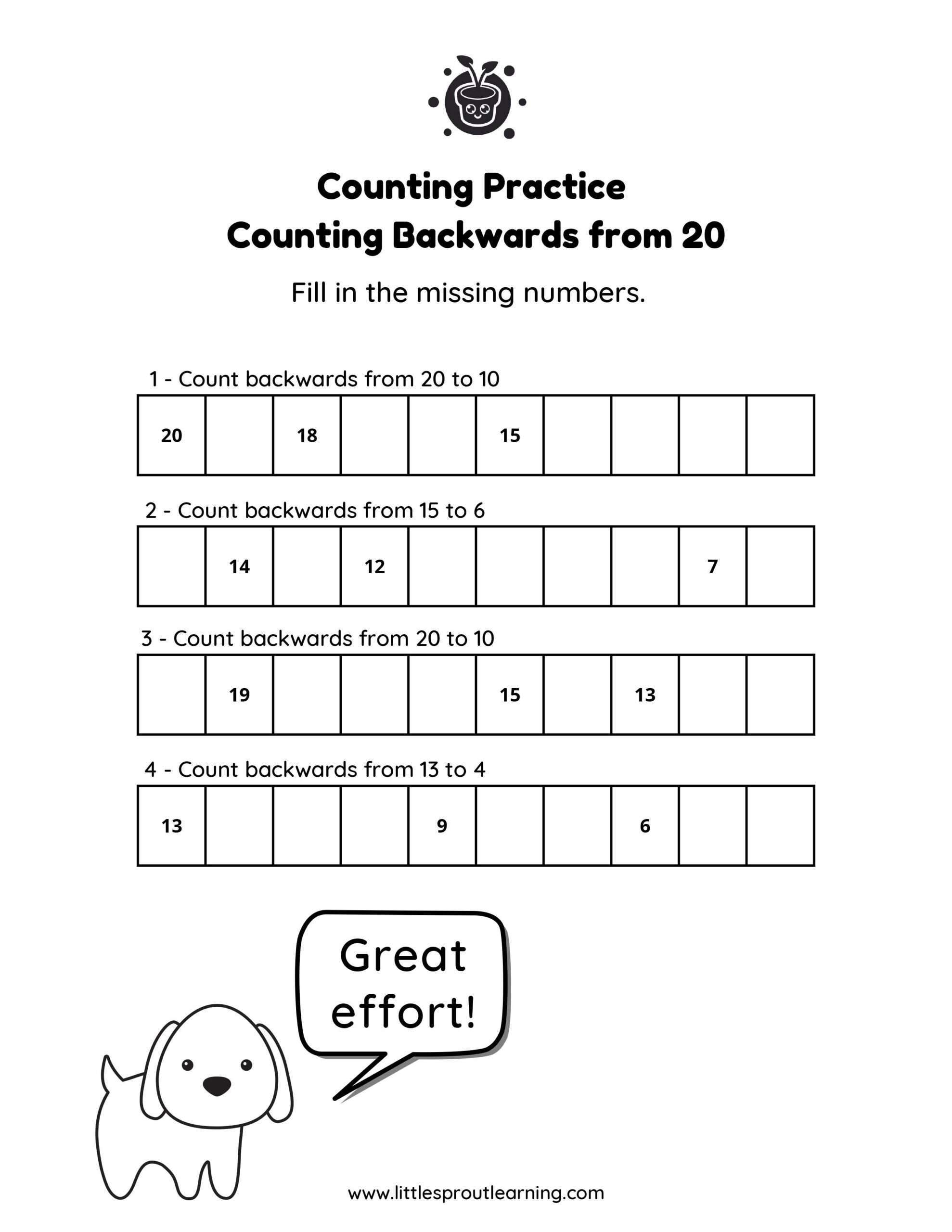counting backwards worksheets