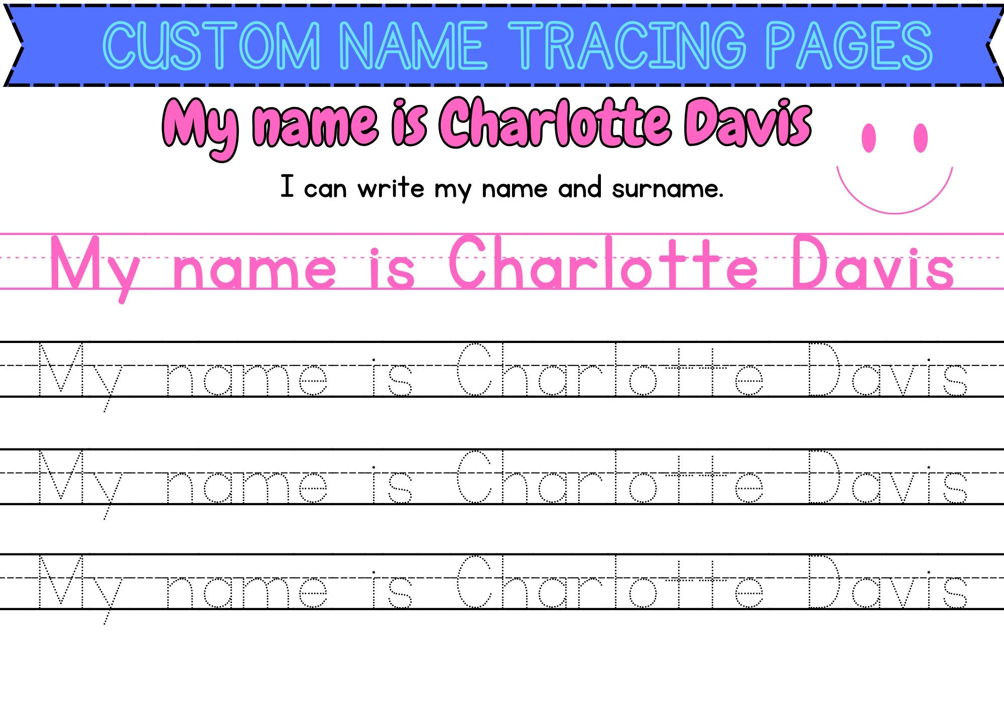 Custom Name Tracing Sheet Handwriting Practice Personalized Name Trace Handwriting Worksheet Custom Made Worksheet Gift Etsy