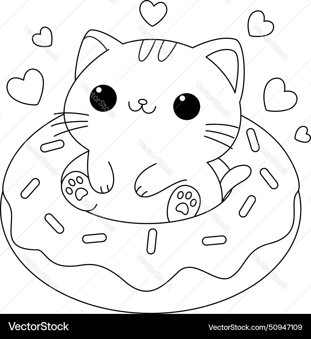 Cute Cat In Donut Coloring Page Royalty Free Vector VectorStock