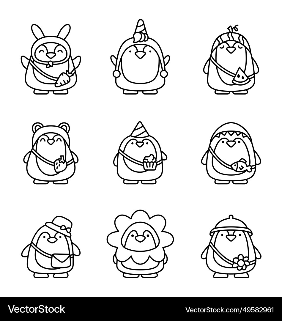 Cute Kawaii Penguin Coloring Page Cartoon Funny Royalty Free Vector VectorStock