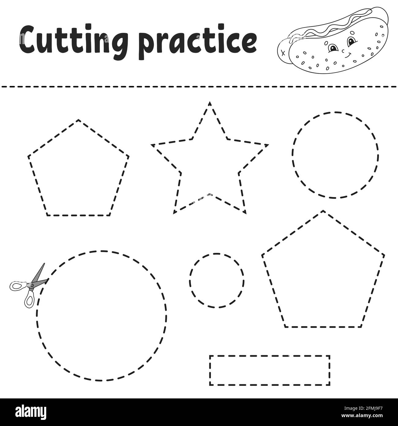 Cutting Practice For Kids Education Developing Worksheet Activity Page With Pictures Game For Children Isolated Vector Illustration Funny Charact Stock Vector Image Art Alamy