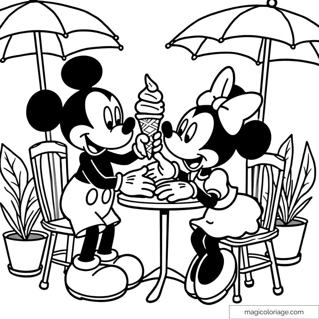 Dibujo Para Colorear Mickey Y Minnie Compartiendo Un Helado