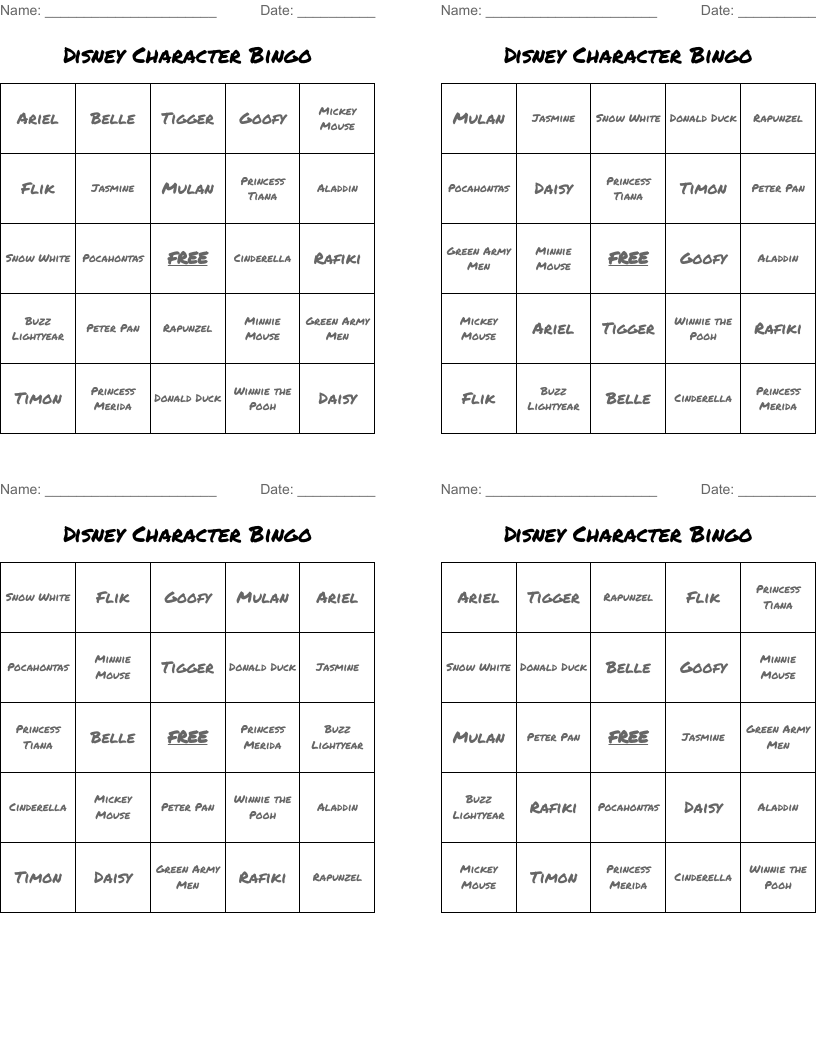 Disney Character Bingo WordMint Disney Character Bingo WordMint