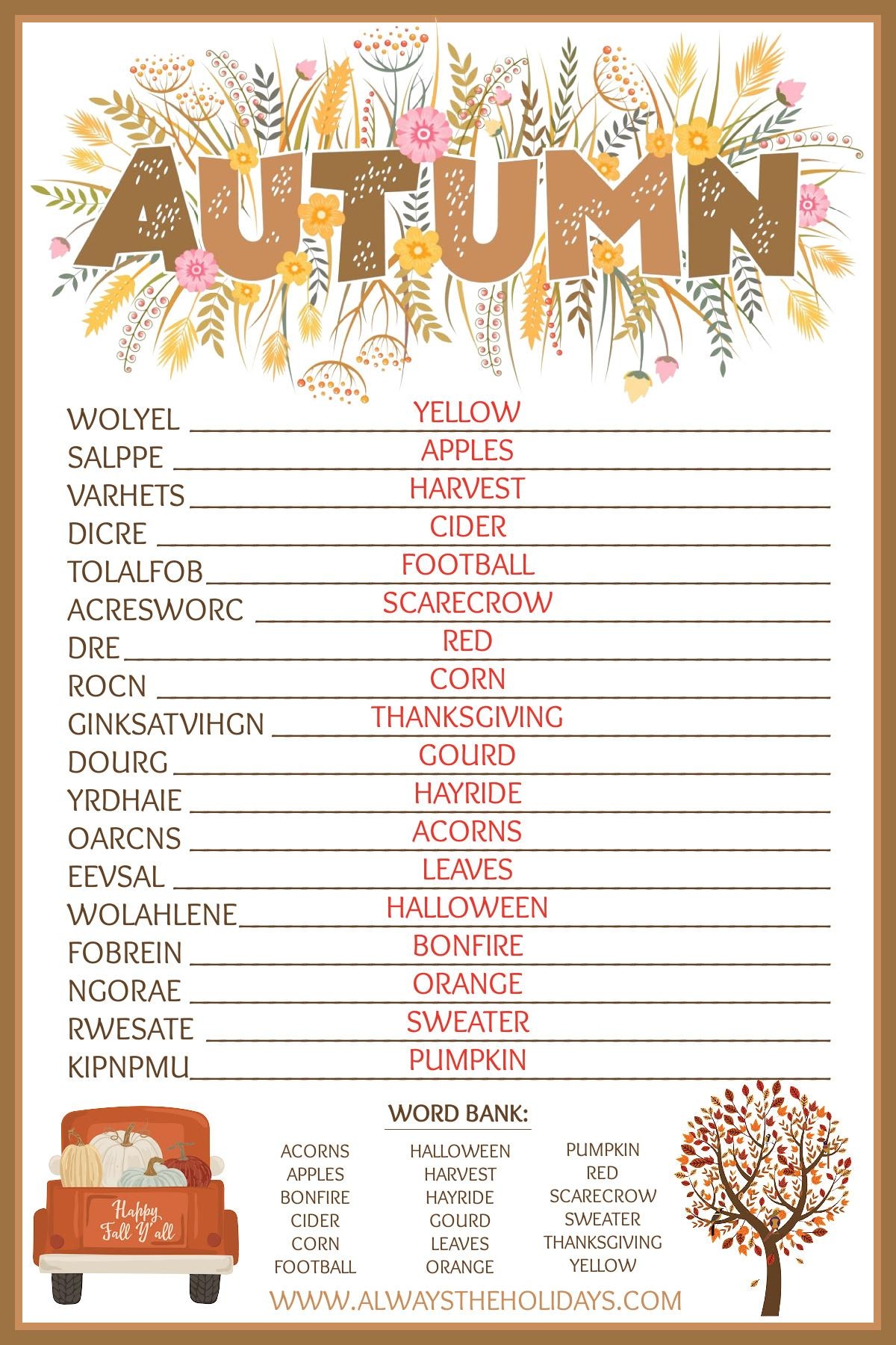 Fall Word Scramble With Answers Free Fall Printable Puzzle