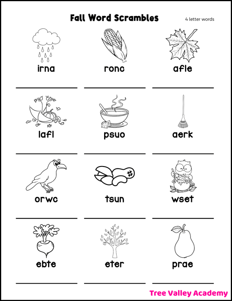 Fall Word Scramble Worksheets Tree Valley Academy