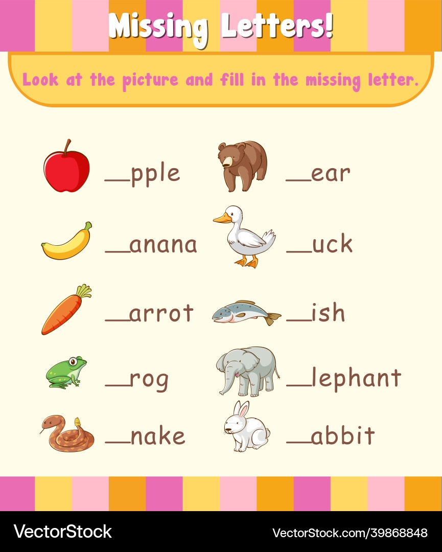 Fill In The Missing Letter Worksheet Template Royalty Free Vector VectorStock Fill In The Missing Letter Worksheet Template Royalty Free Vector VectorStock
