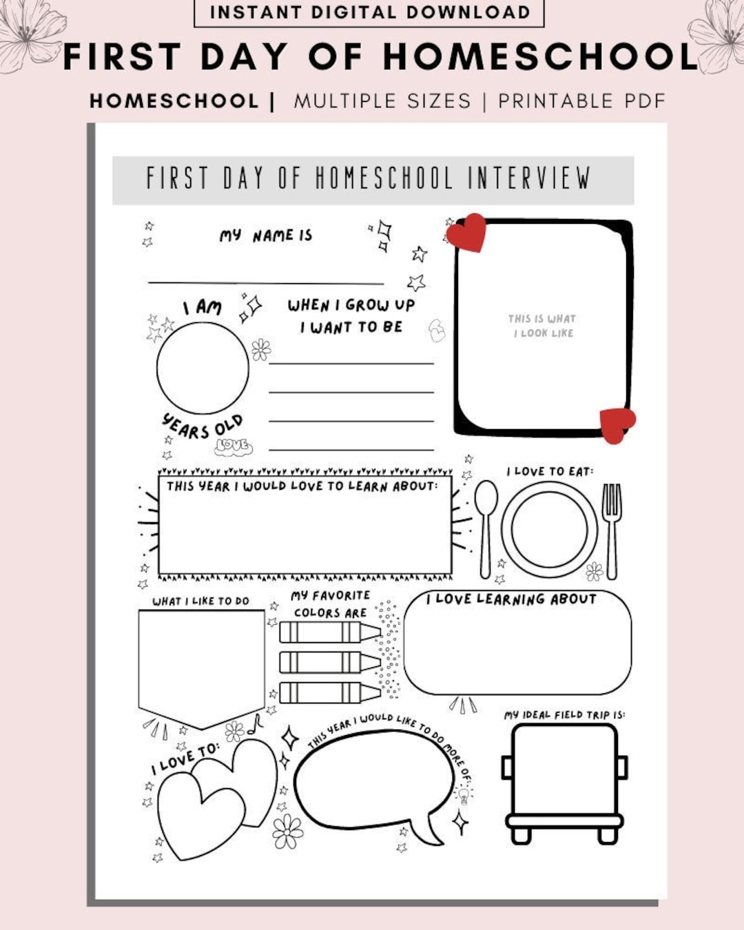 First Day Of Homeschool Interview Kids Questionnaire PDF Etsy