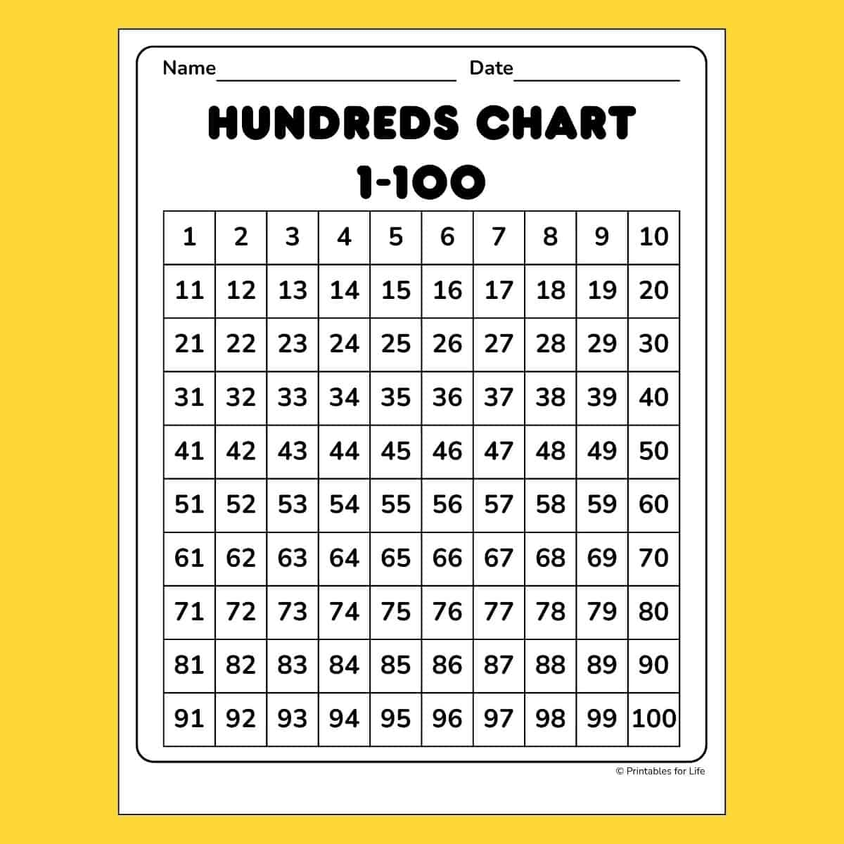 number chart 1-100 printable