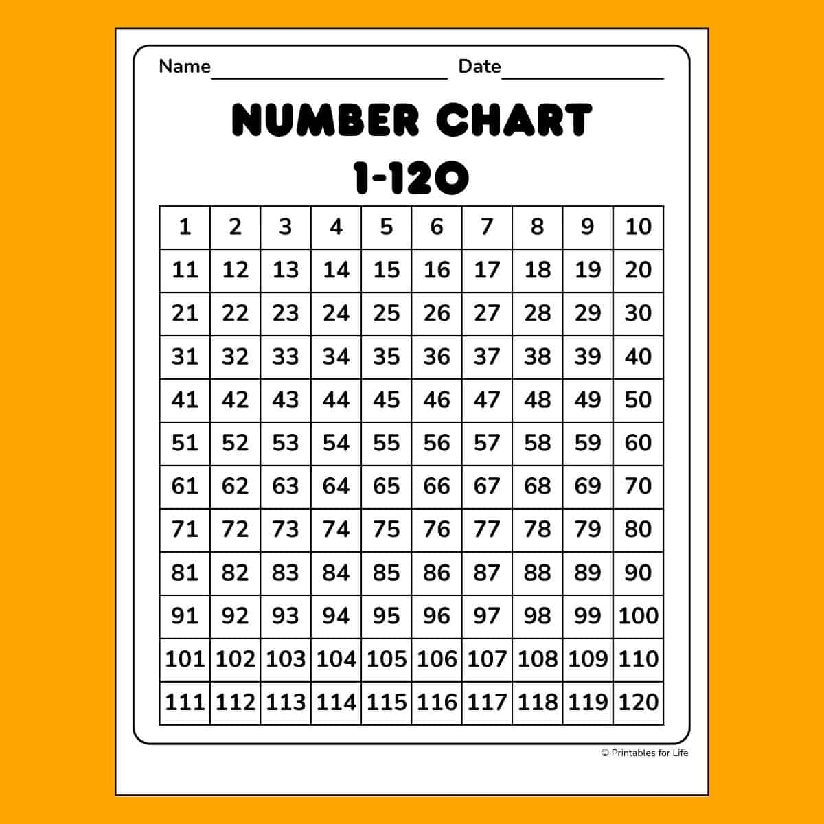 number chart printable