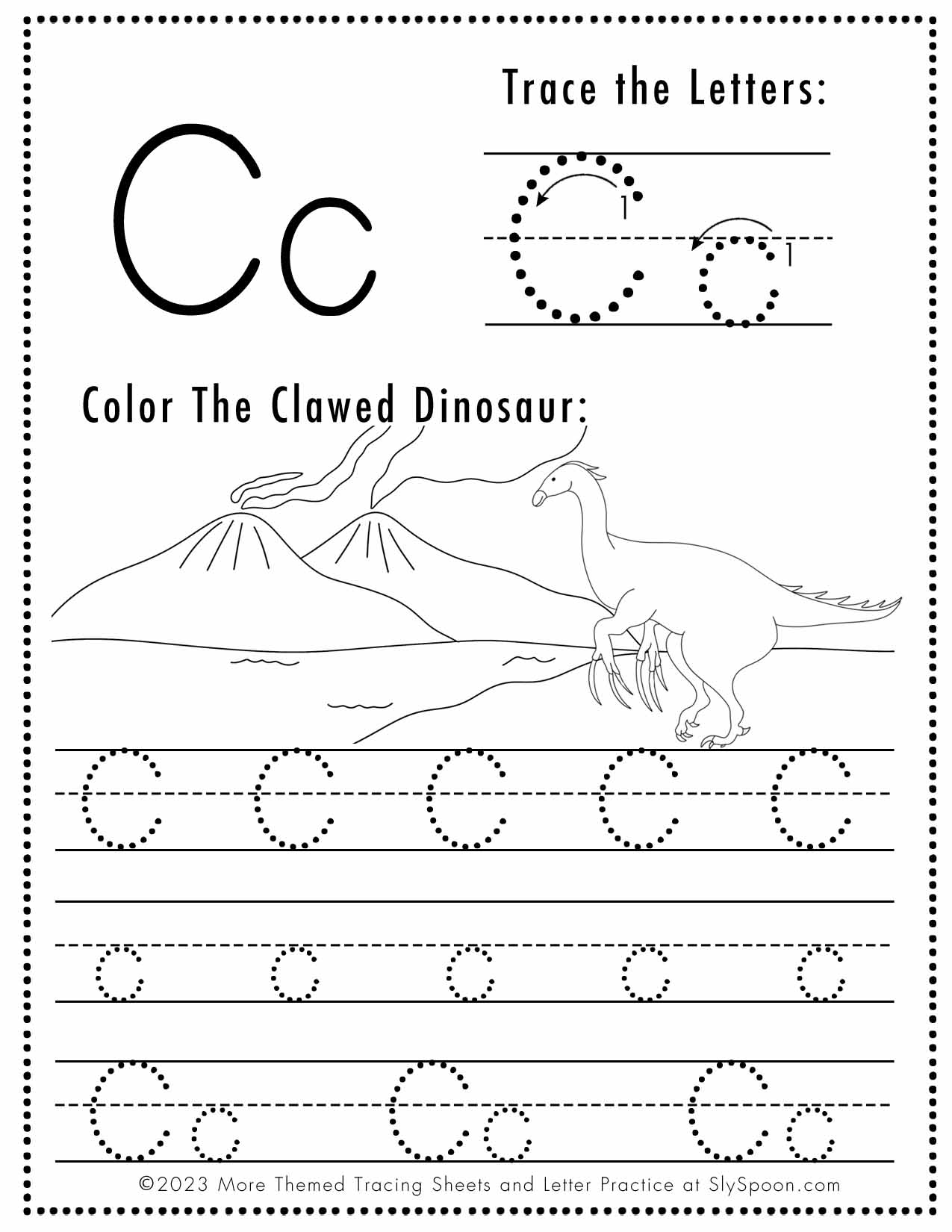 Free Letter C Tracing Worksheet Printable Dinosaur Themed Sly Spoon