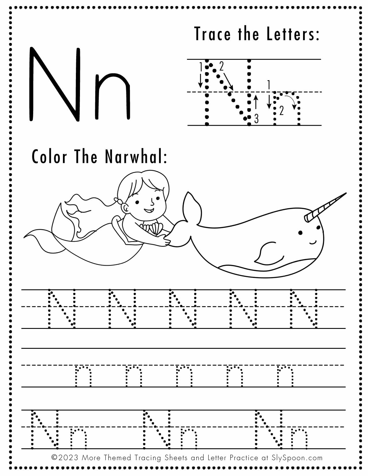 Free Letter N Tracing Worksheet Printable Mermaid Themed Sly Spoon