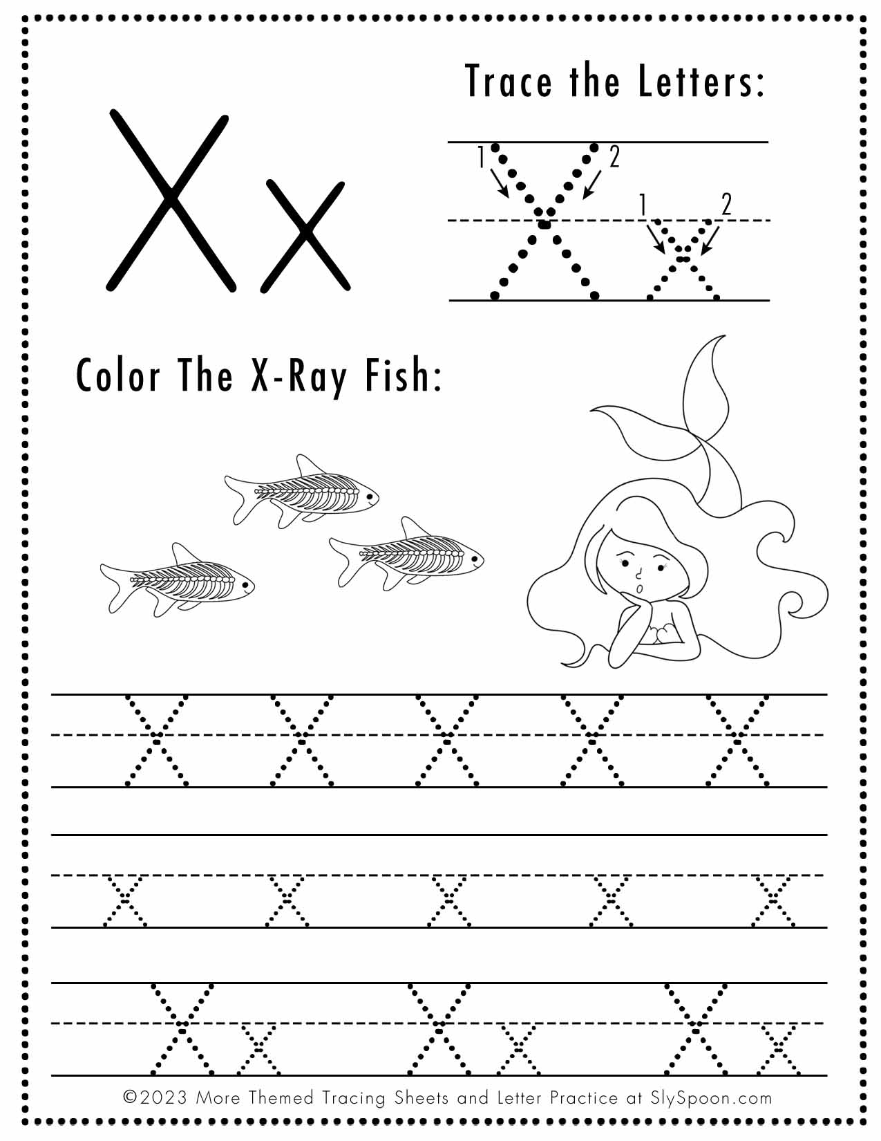 Free Letter X Tracing Worksheet Printable Mermaid Themed Sly Spoon